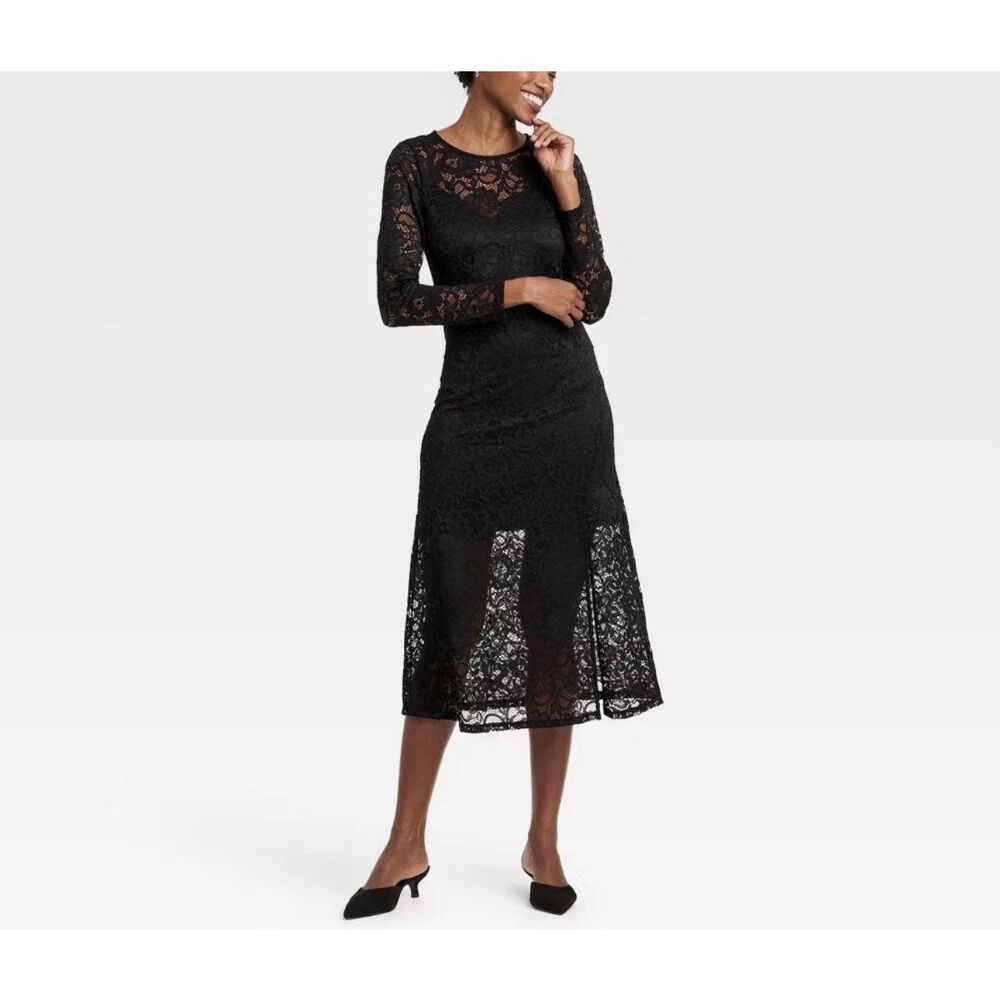 Women's Long Sleeve Midi Lace Dress - A New Day Black Lace NWT Extra Small xS